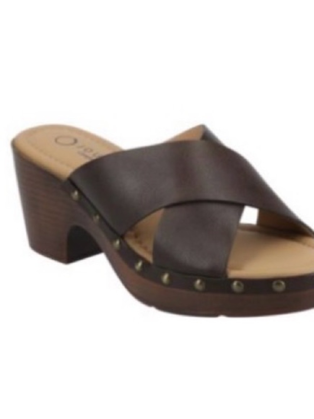 Journee Leather Cross-Band Brown Heeled Slide Sandal NIB